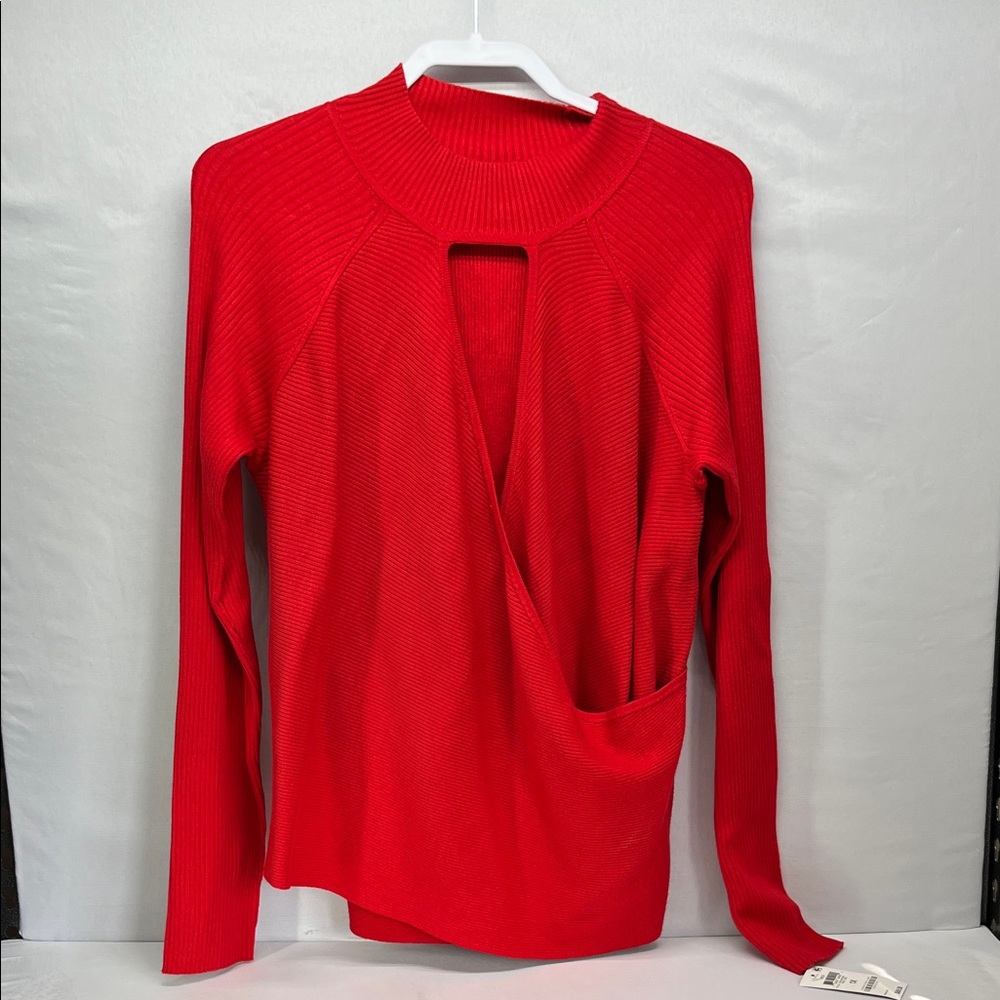 INC International Concepts Red Ribbed Long Sleeve Scoop Neck Sweater